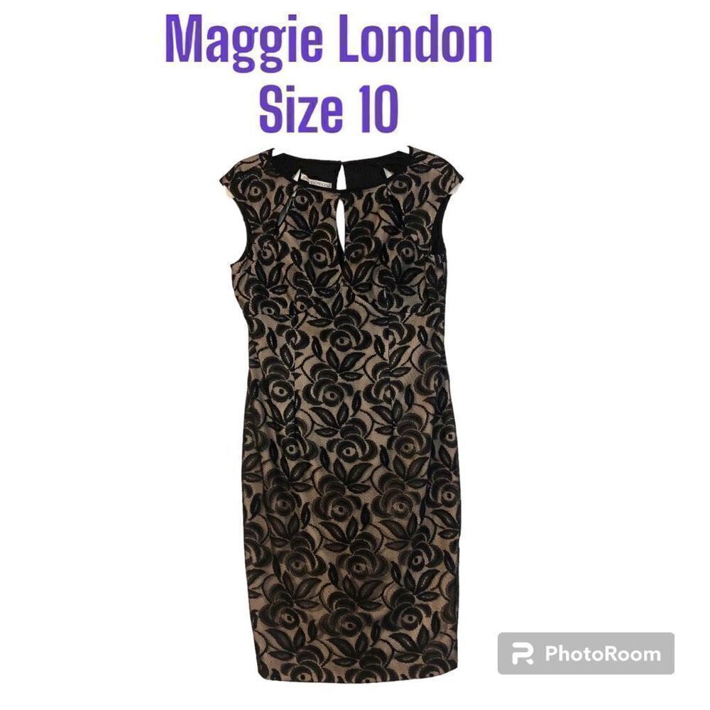 Maggie London Form Fitting Knee Length Black Lace Over Nude Lining Size 10